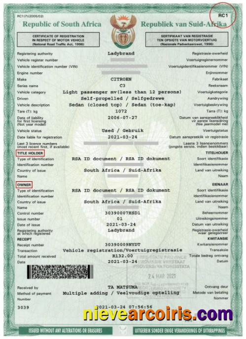 South Africa motor vehicle registration certificate